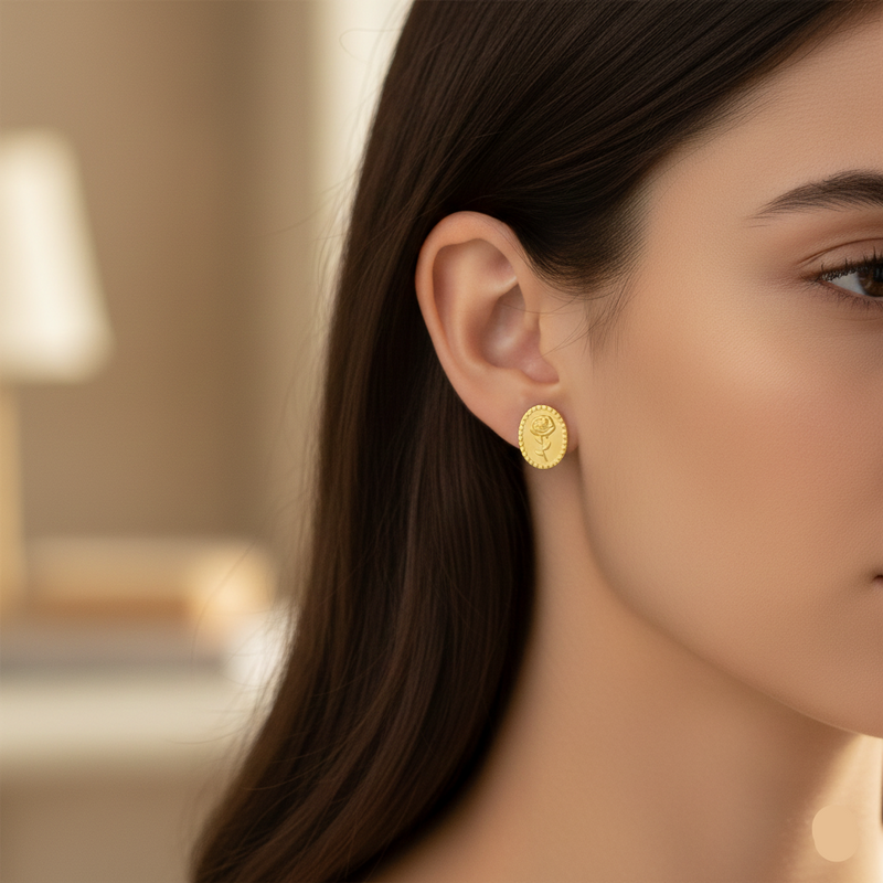 18K Real Saudi Gold Rose Screw Earrings 035 - 18k Gold Earrings - Embellish Gold