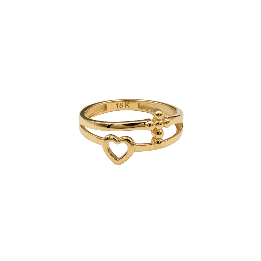 Gold ring with heart design on a white background