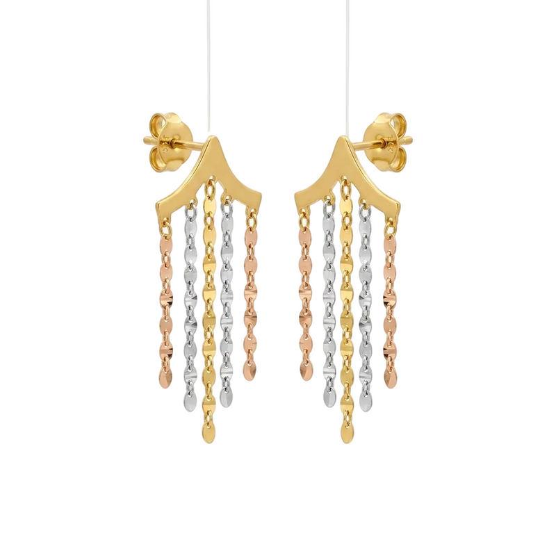 18k Gold Tri-color Hanging Chain Earrings - Festive Collection - Embellish Gold Jewelry & Diamond