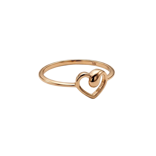 Rose gold ring with a heart design on a light gray background