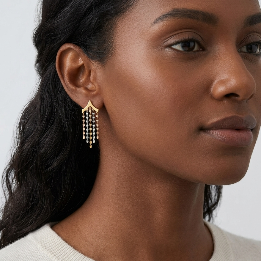 18k Gold Tri-color Hanging Chain Earrings - مجموعة إعلانية - Embellish Gold Jewelry & Diamond