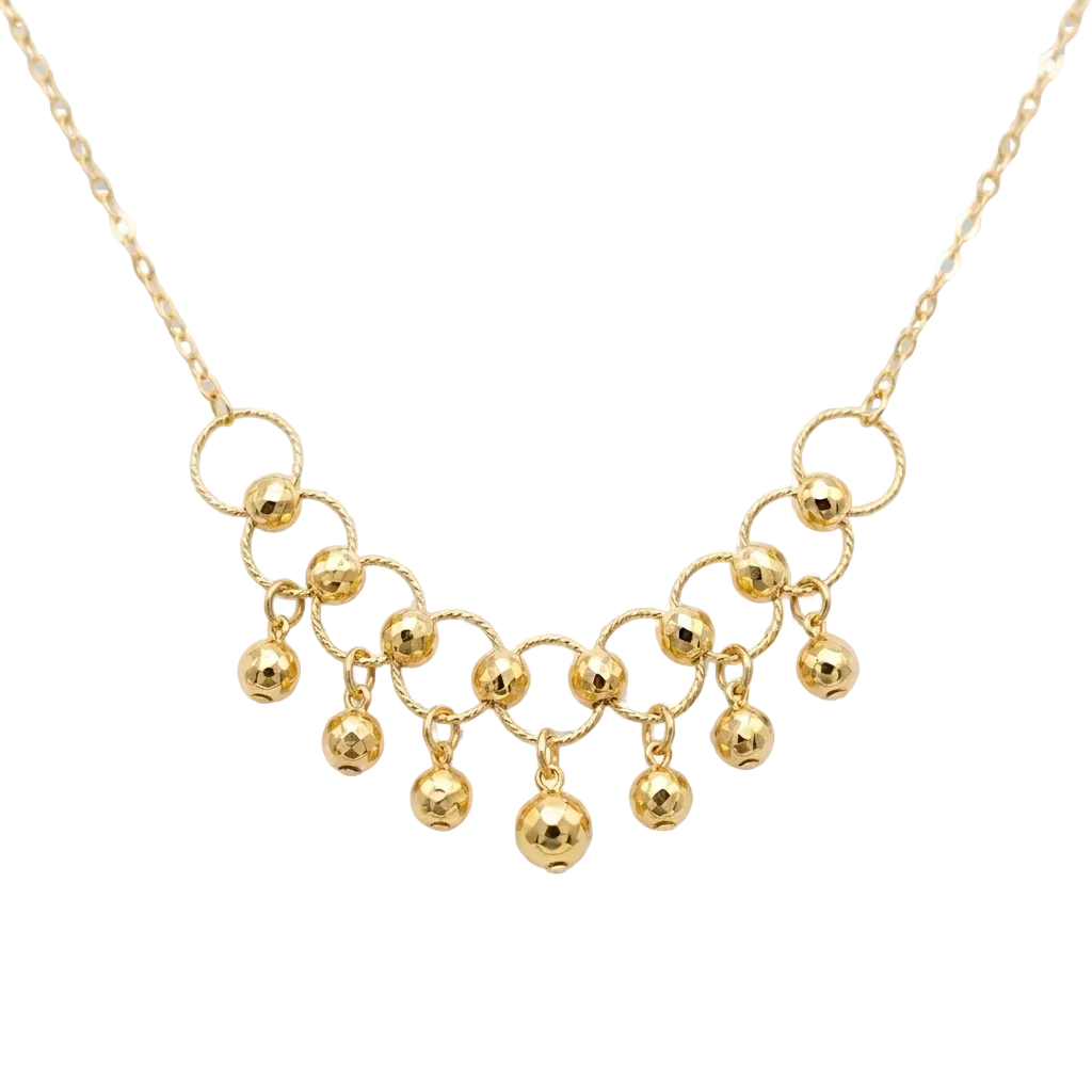 Gold necklace with circular links and spherical pendants on a transparent background