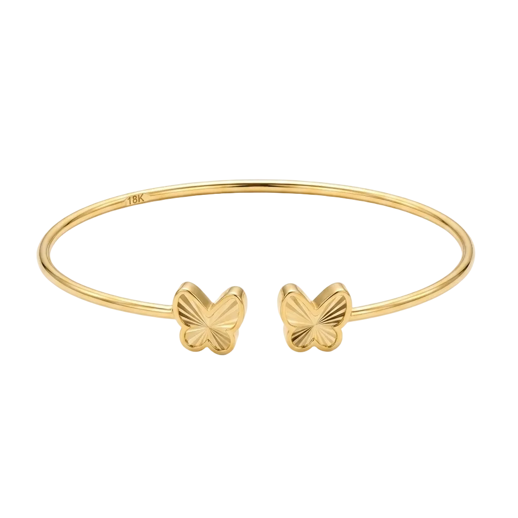 Gold bracelet with butterfly charms on a white background