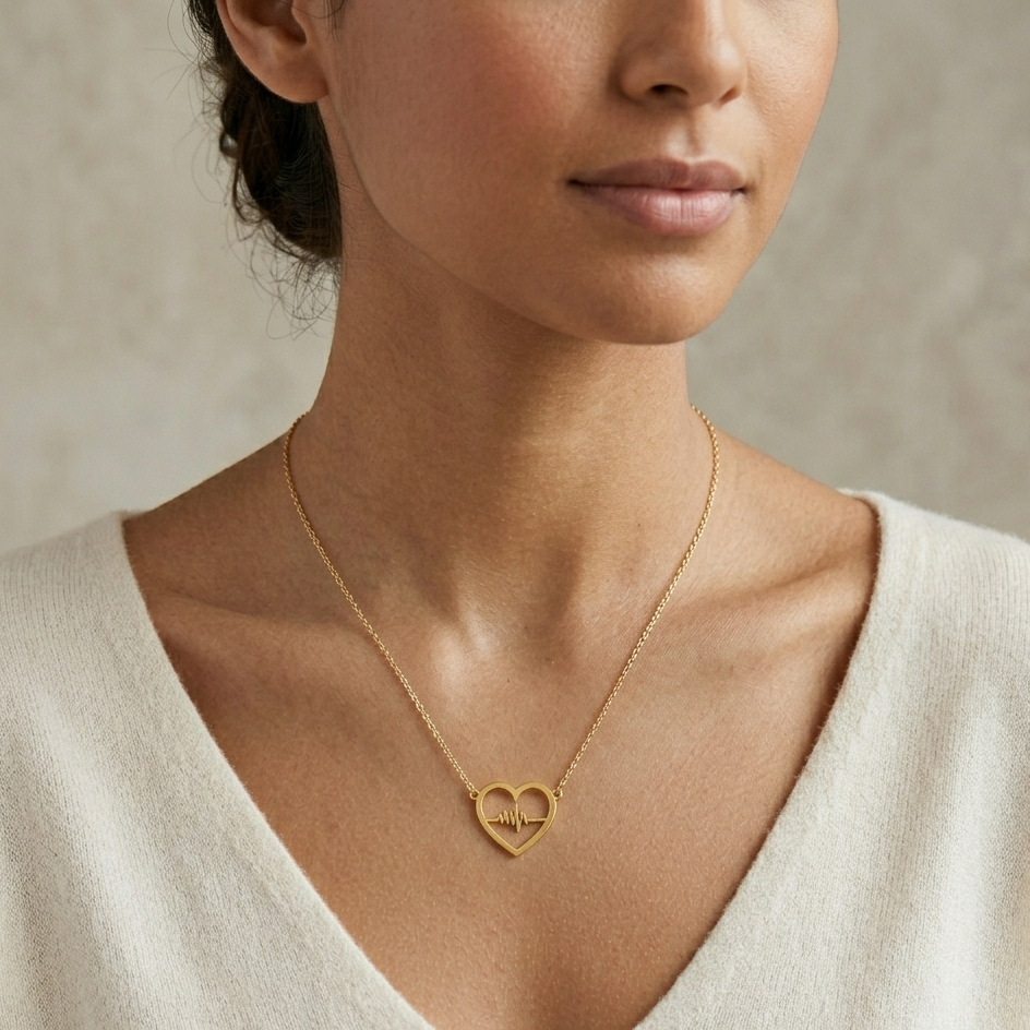 18k Gold Heart with Beat Necklace - 18k Gold Necklace - Embellish Gold Jewelry & Diamond