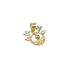 Gold pendant with colorful gemstones on a white background