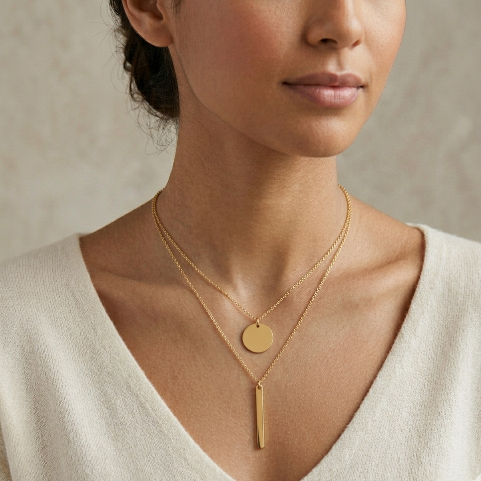 Woman wearing a gold necklace with a heart-shaped pendant against a neutral background