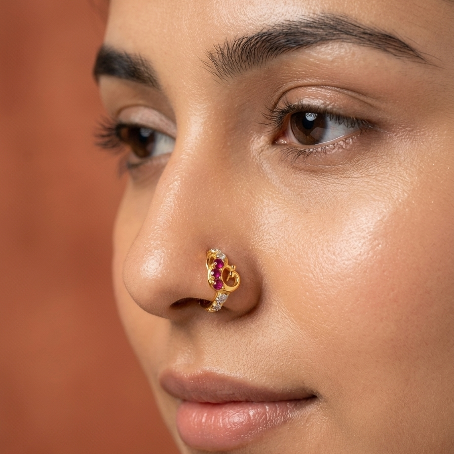 Close-up of a woman's face wearing a gold nose ring with red stones against a warm-toned background.