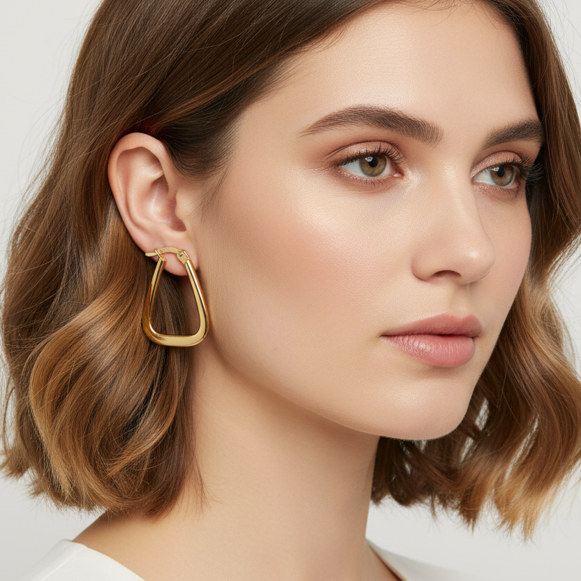 18k Gold Rectangle Loop Earrings - 18k Gold Earrings - Embellish Gold Jewelry & Diamond