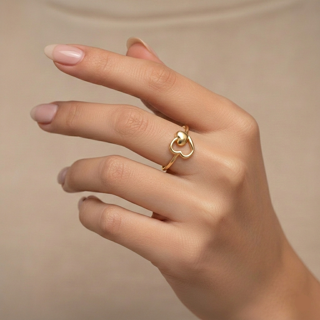 18k Gold Heart with Heart Ring - 18k Gold Ring - Embellish Gold Jewelry & Diamond
