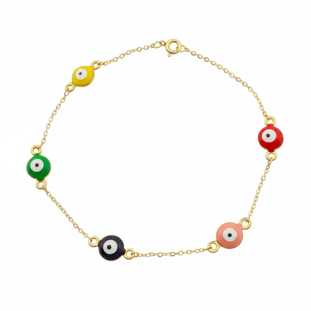18K Real Gold 5 Evil Eye Pendant Bracelet