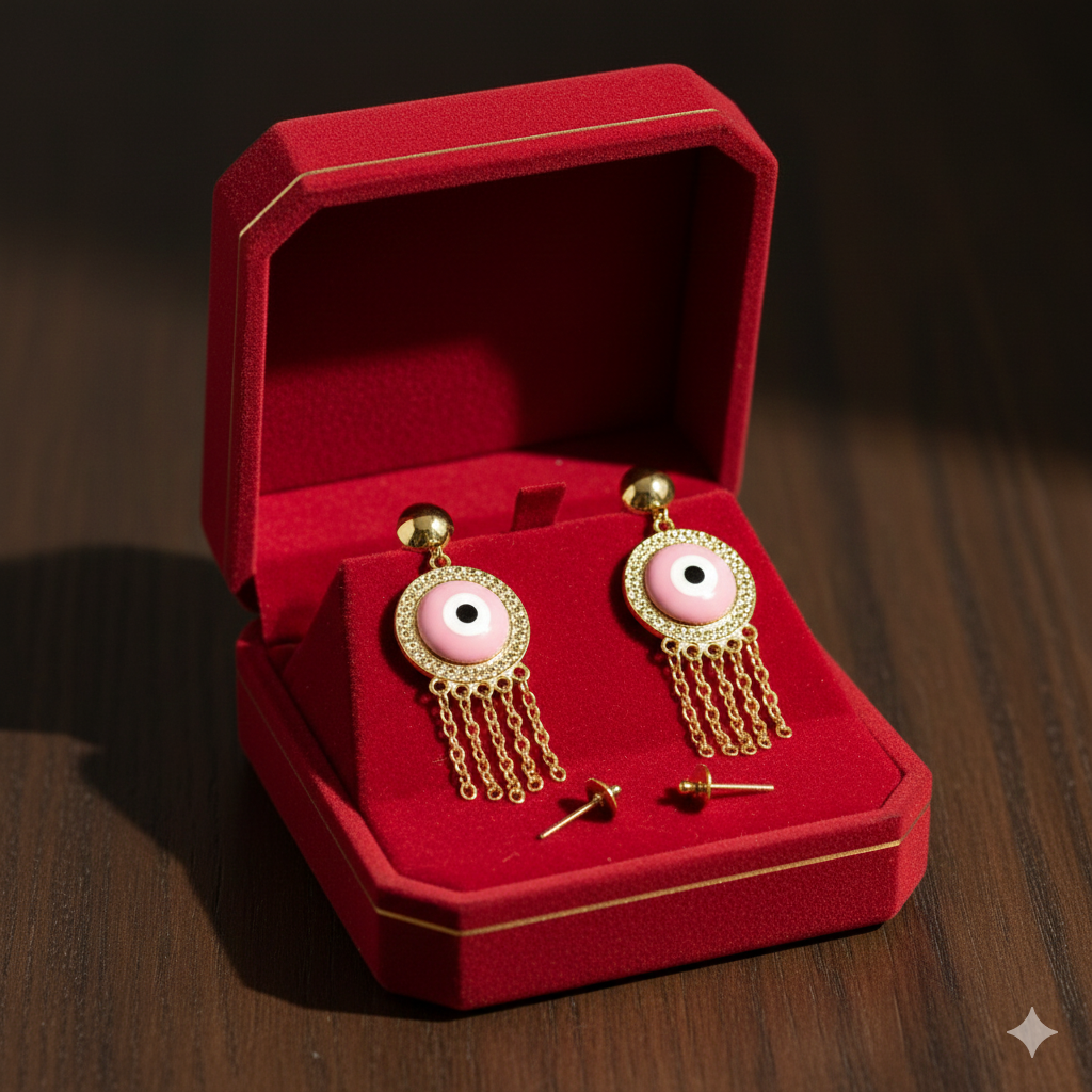 18K Real Gold Pink Evil Eye Hanging Earrings