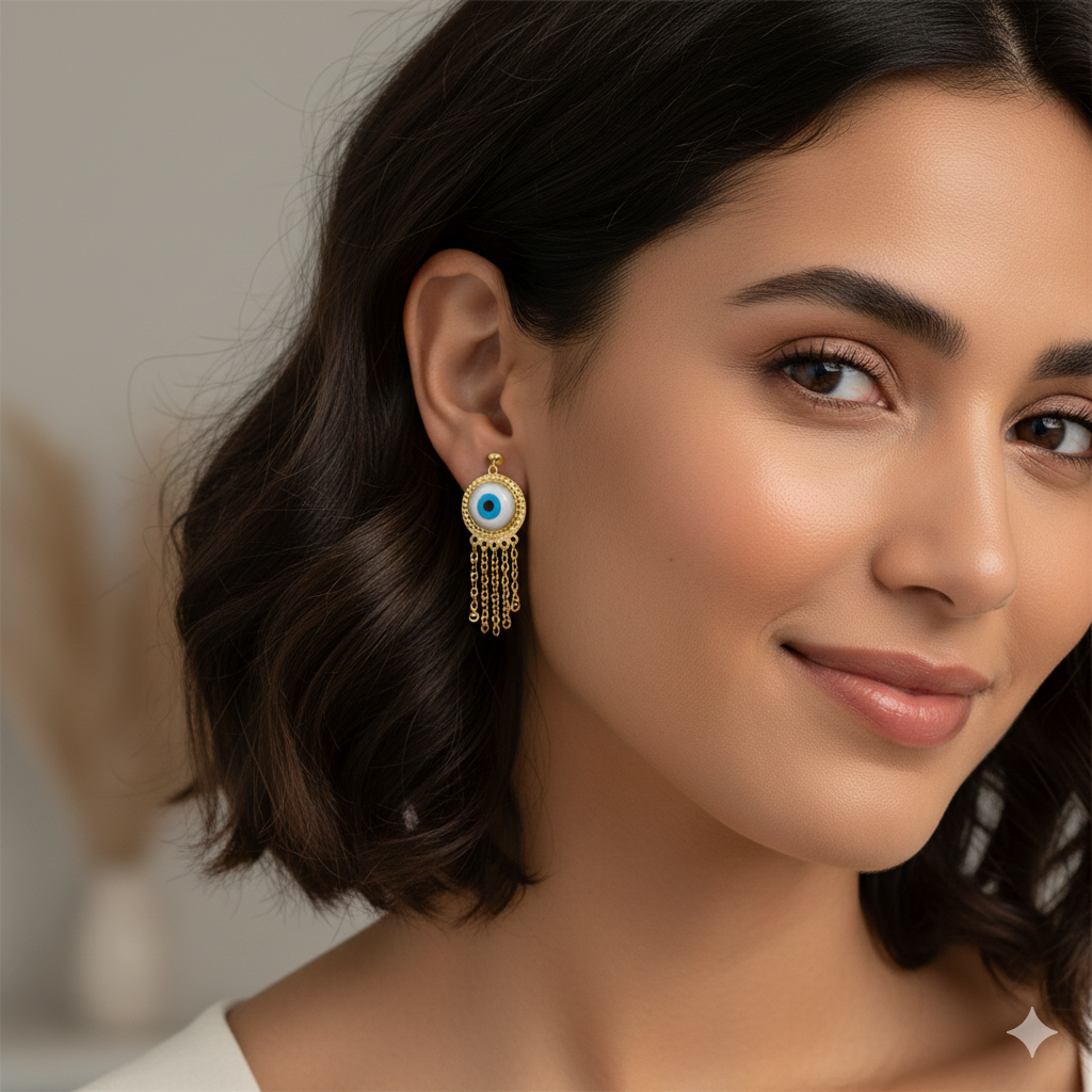 18K Real Gold Round Evil Eye Hanging Earrings