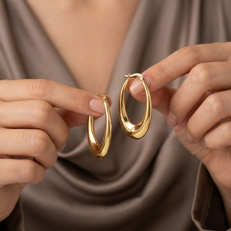 18k Gold Shiny Oval Loop Earrings - 18k Gold Earrings - Embellish Gold Jewelry & Diamond