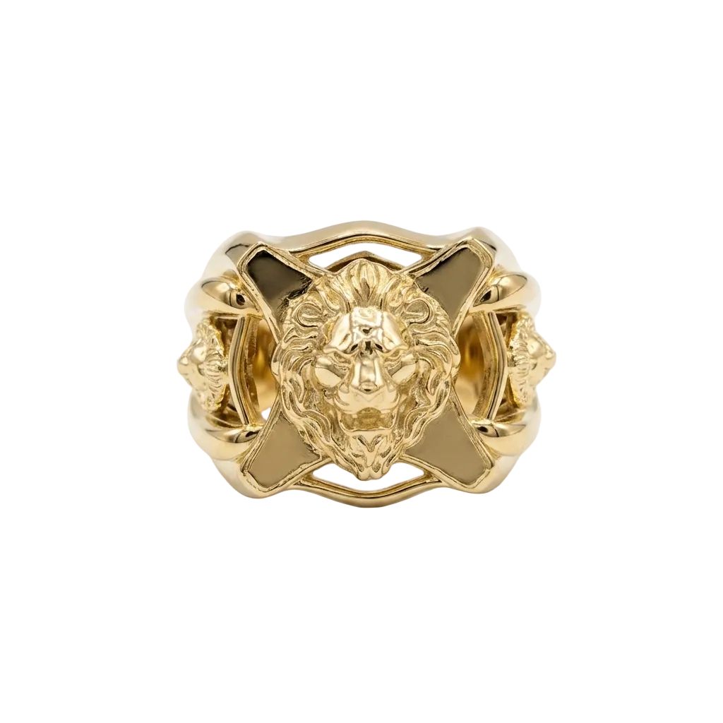Gold ring with lion head design on a white background