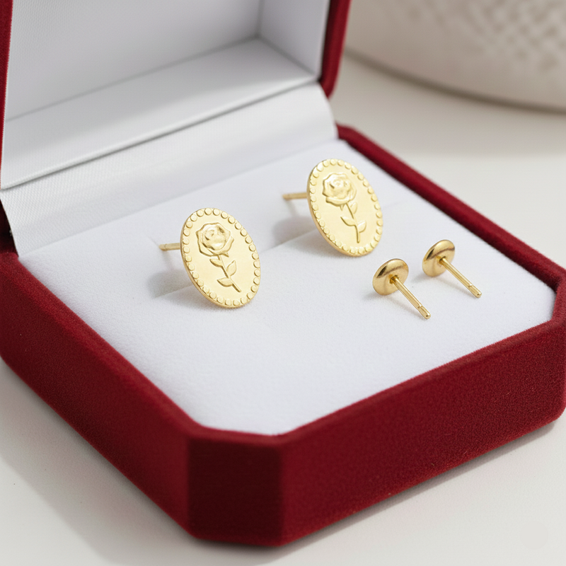 18K Real Saudi Gold Rose Screw Earrings 035 - 18k Gold Earrings - Embellish Gold