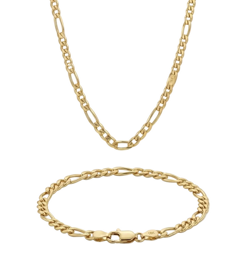 Gold chain necklace and bracelet on a white background