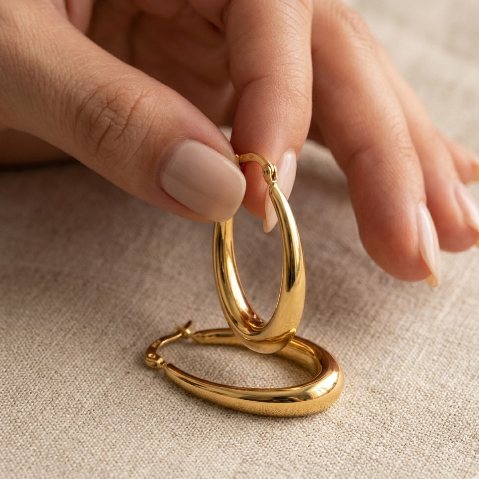 Gold hoop earrings held by a hand on a beige fabric background