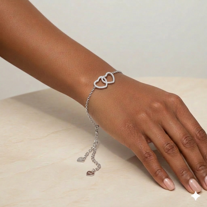 925 Silver Double Heart Bracelet - 925 Silver Bracelet - Embellish Gold Jewelry & Diamond