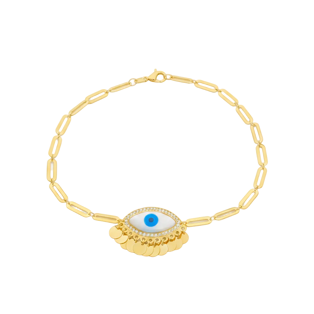 18K Real Gold Big Evil Eye With Paper Clip Bracelet