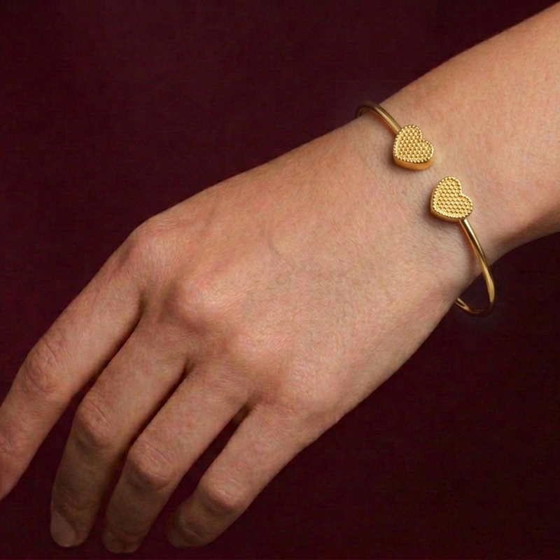 18k Gold Twin Dotted Heart Bangle - 18k Gold Bangle - Embellish Gold Jewelry & Diamond