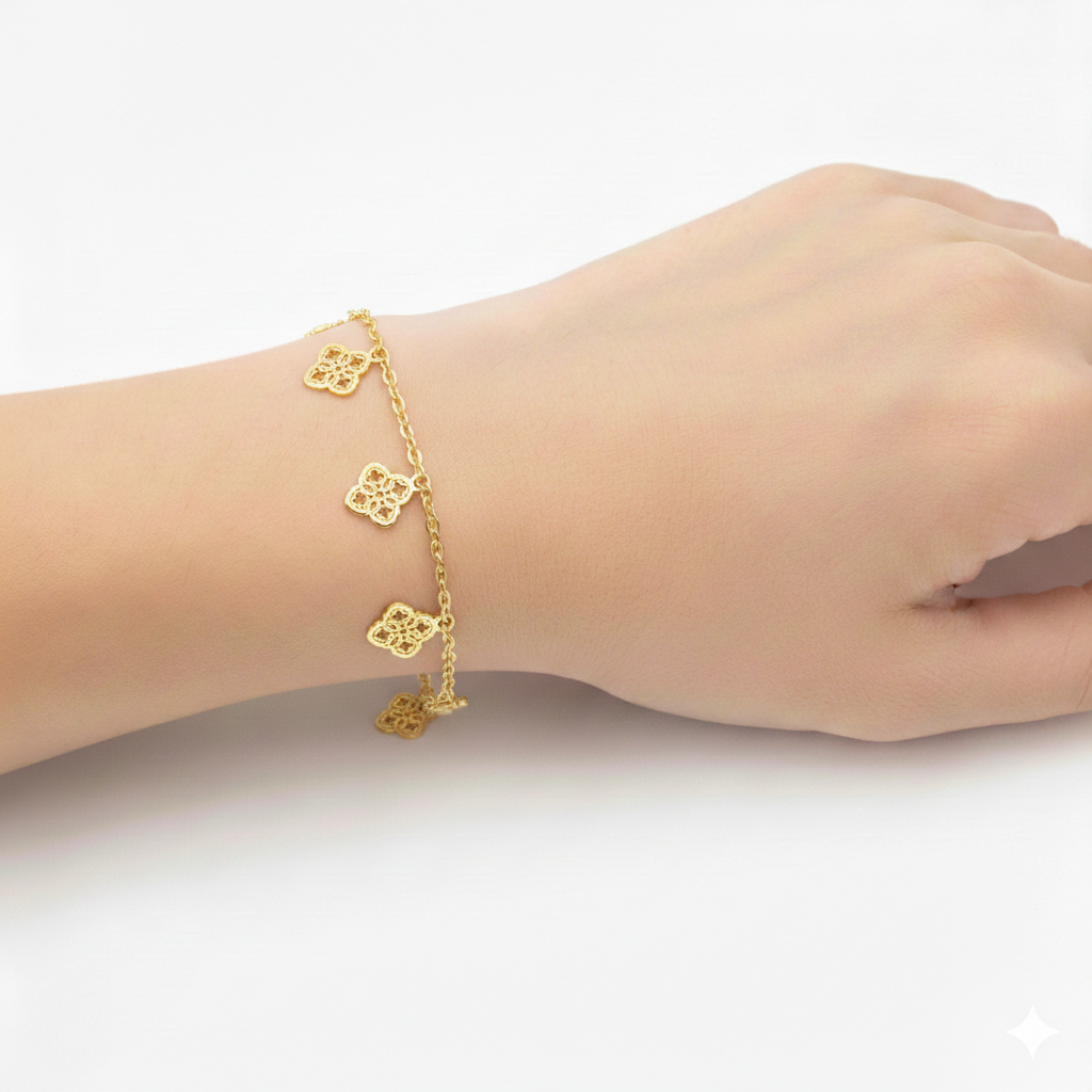 18K Real Gold Hexagons 5 Pendant Bracelet