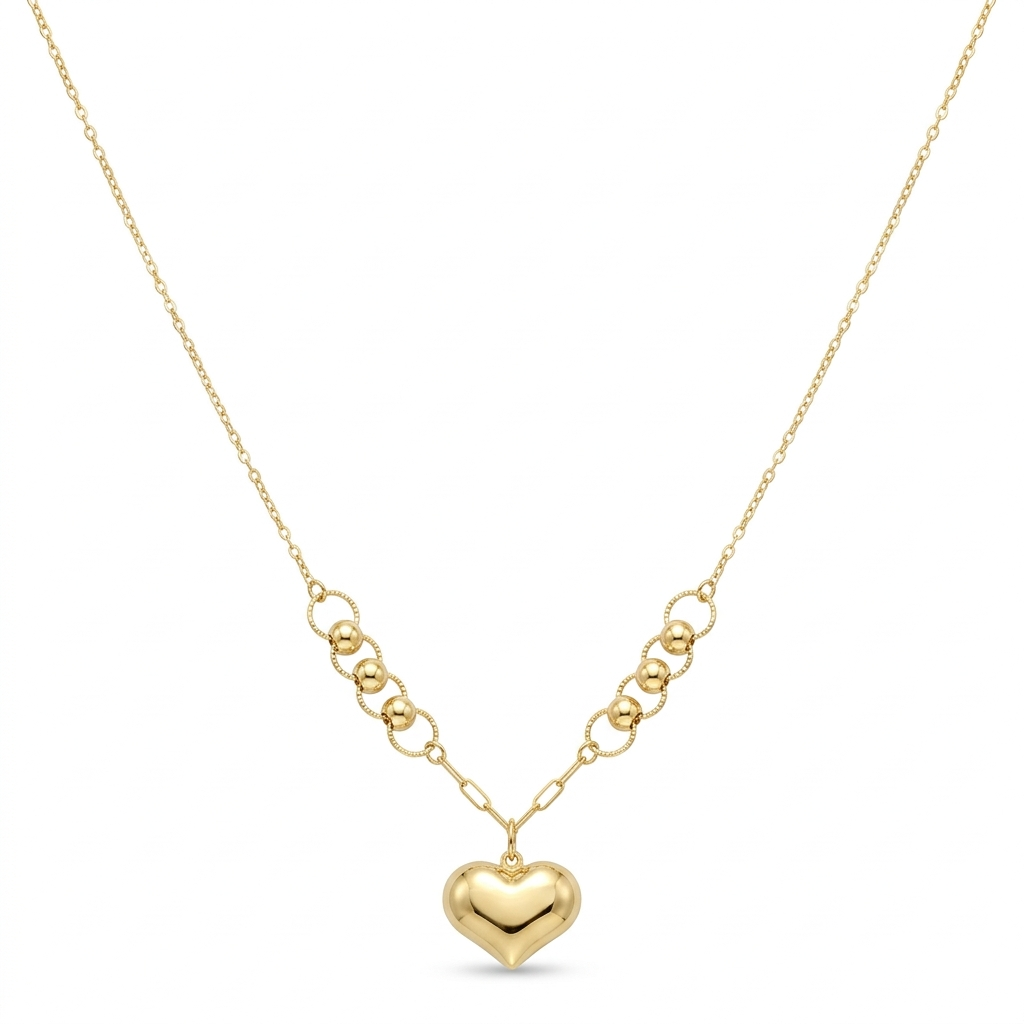 18k Gold Bubble Heart with Circleball Necklace - 18k Gold Necklace - Embellish Gold Jewelry & Diamond