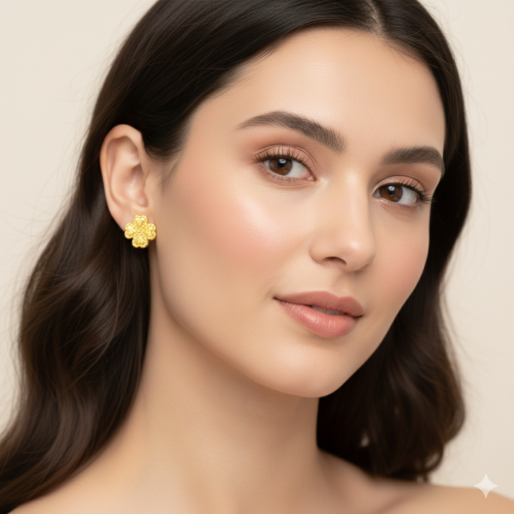 18K Real Gold Four Petals Earrings