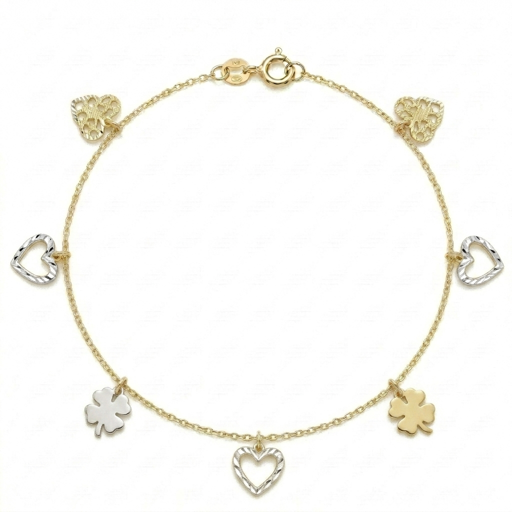 Gold bracelet with heart and clover charms on a white background