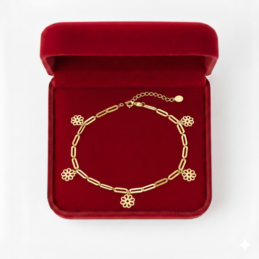 18K Real Gold 5 Flower Paper Clip Bracelet