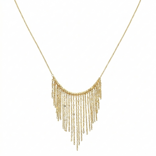 Gold fringe necklace on a white background