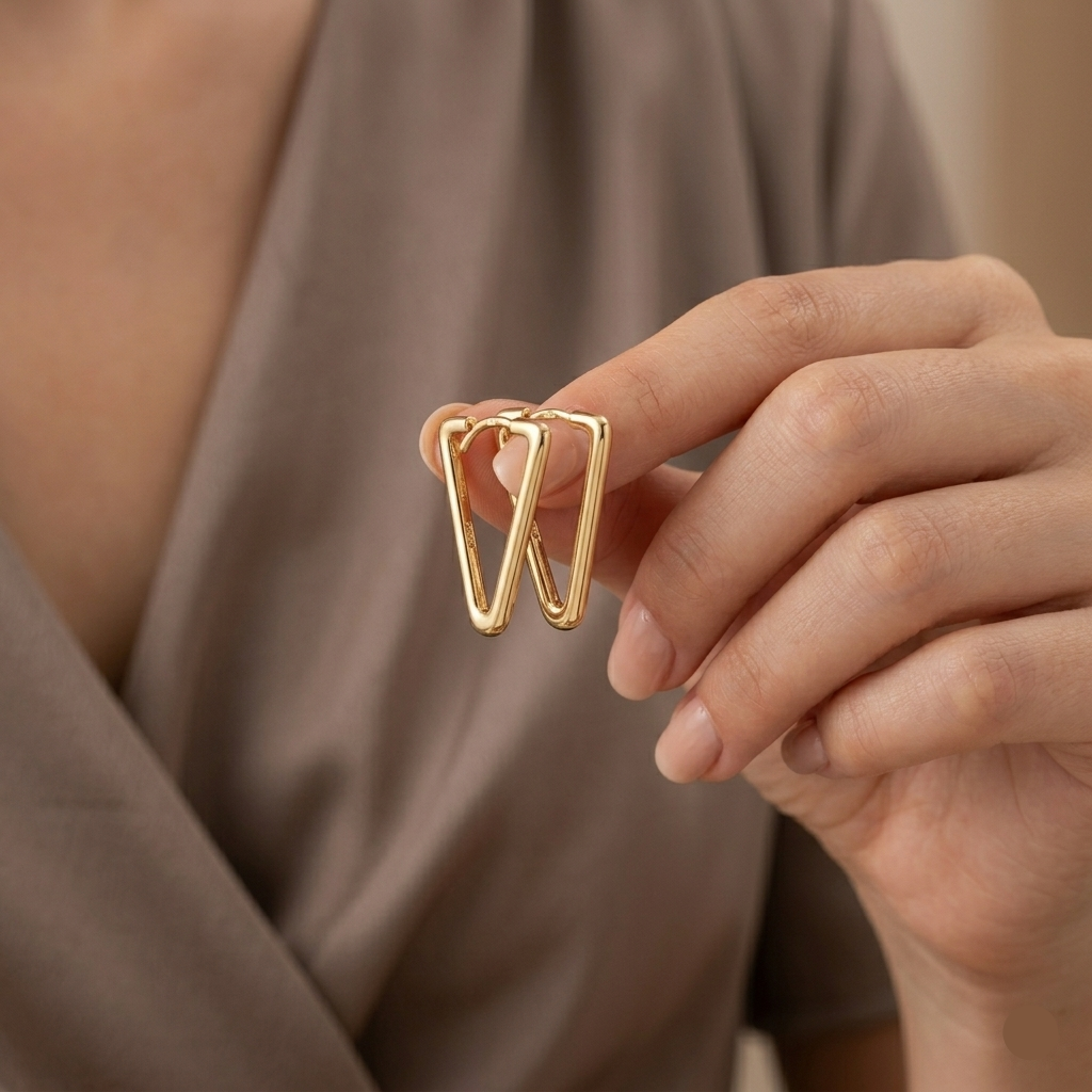 18k Gold Triangle Loop Earrings - 18k Gold Earrings - Embellish Gold Jewelry & Diamond