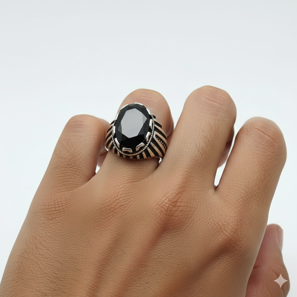 925 Silver Line Onyx Stone Ring
