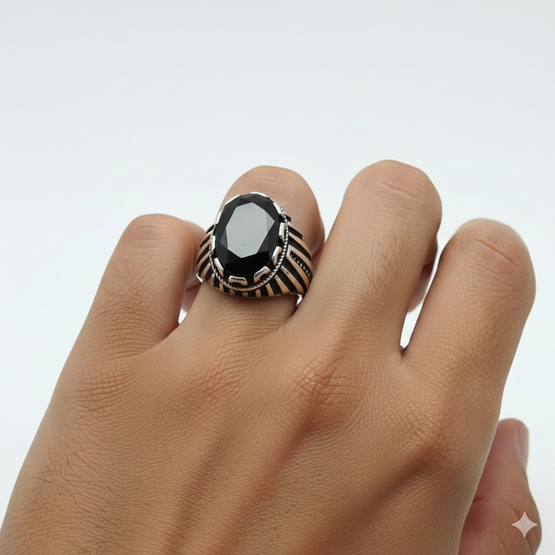 925 Silver Line Black Stone Ring - Silver Rings For Men - Embellish Gold Jewelry & Diamond