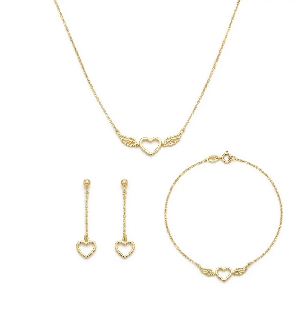 Gold heart-shaped jewelry set including necklace, bracelet, and earrings on a white background