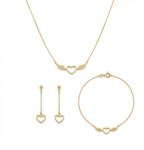 Gold heart-shaped jewelry set including necklace, bracelet, and earrings on a white background