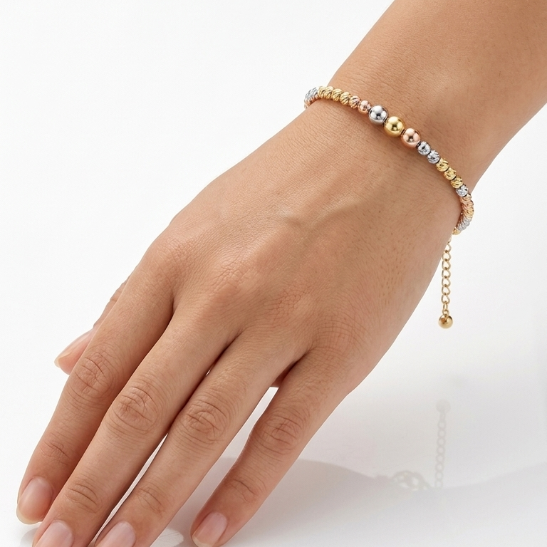 18k Gold Tri-color Dia Cut Ball Bangle - 18k Gold Bangle - Embellish Gold Jewelry & Diamond