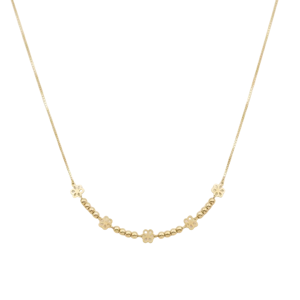 Gold necklace with small floral and round beads on a white background