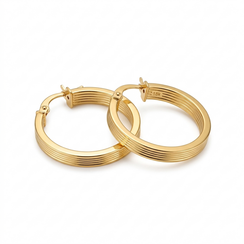 18k Gold Solid Lines Loop Earrings - 18k Gold Earrings - Embellish Gold Jewelry & Diamond