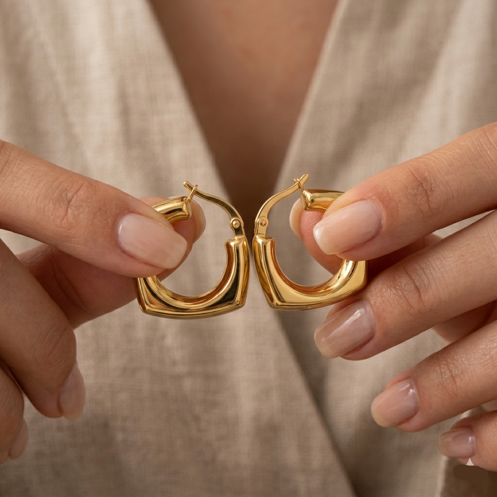 18k Gold Cube Round Loop Earrings - 18k Gold Earrings - Embellish Gold Jewelry & Diamond