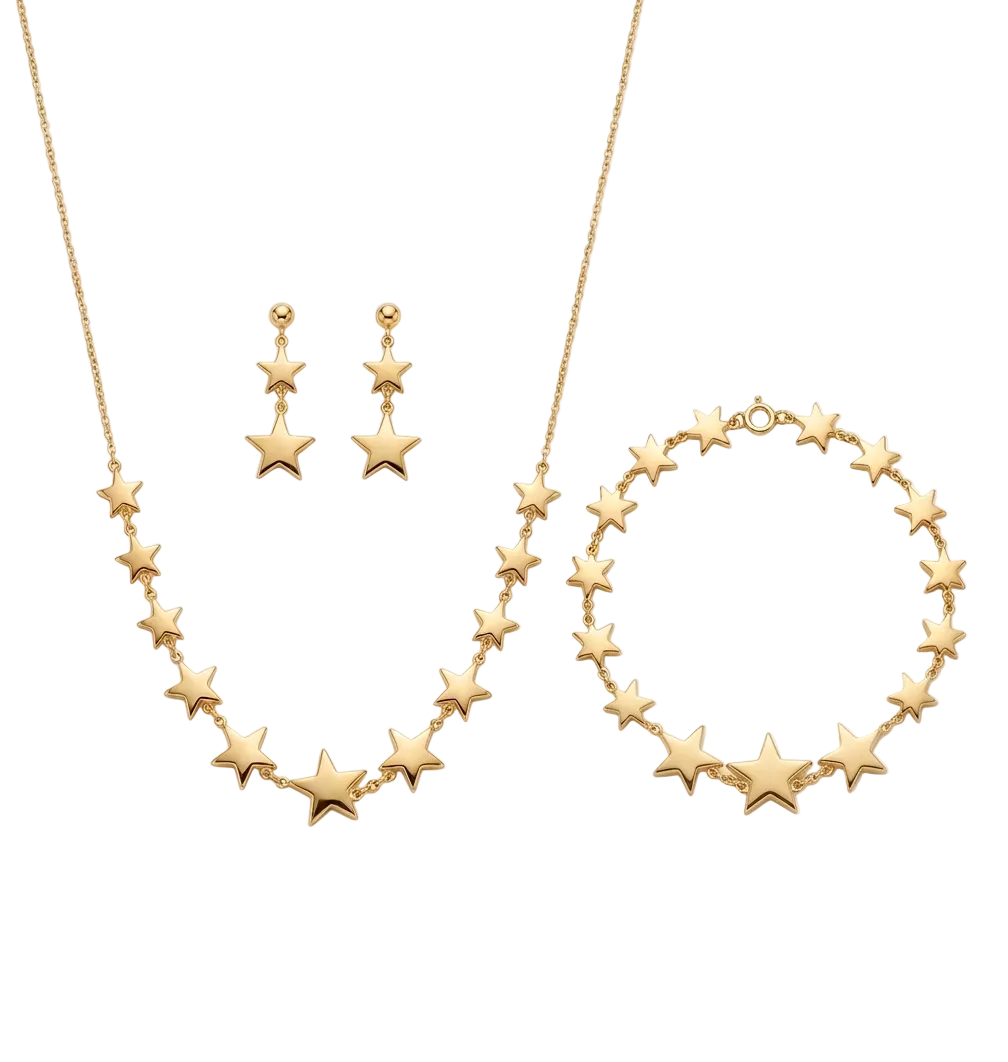 Gold star jewelry set including necklace, bracelet, and earrings on a white background