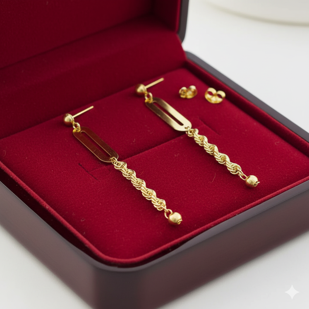 18K Real Gold Paper Clip Rope Chain Earrings