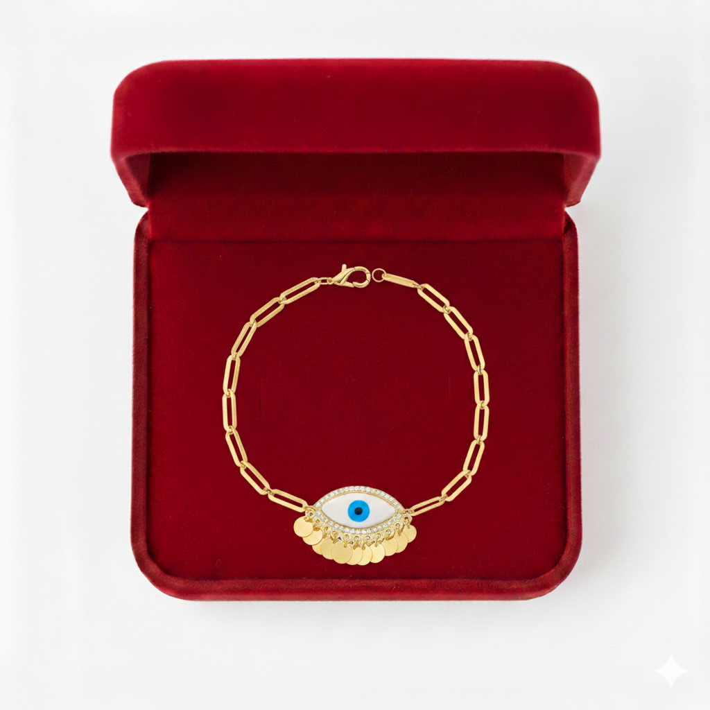 18K Real Gold Evil Eye With Paper Clip Bracelet