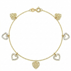 Gold bracelet with heart-shaped charms on a white background