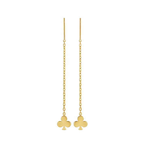 Gold clover-shaped earrings on thin chains against a white background