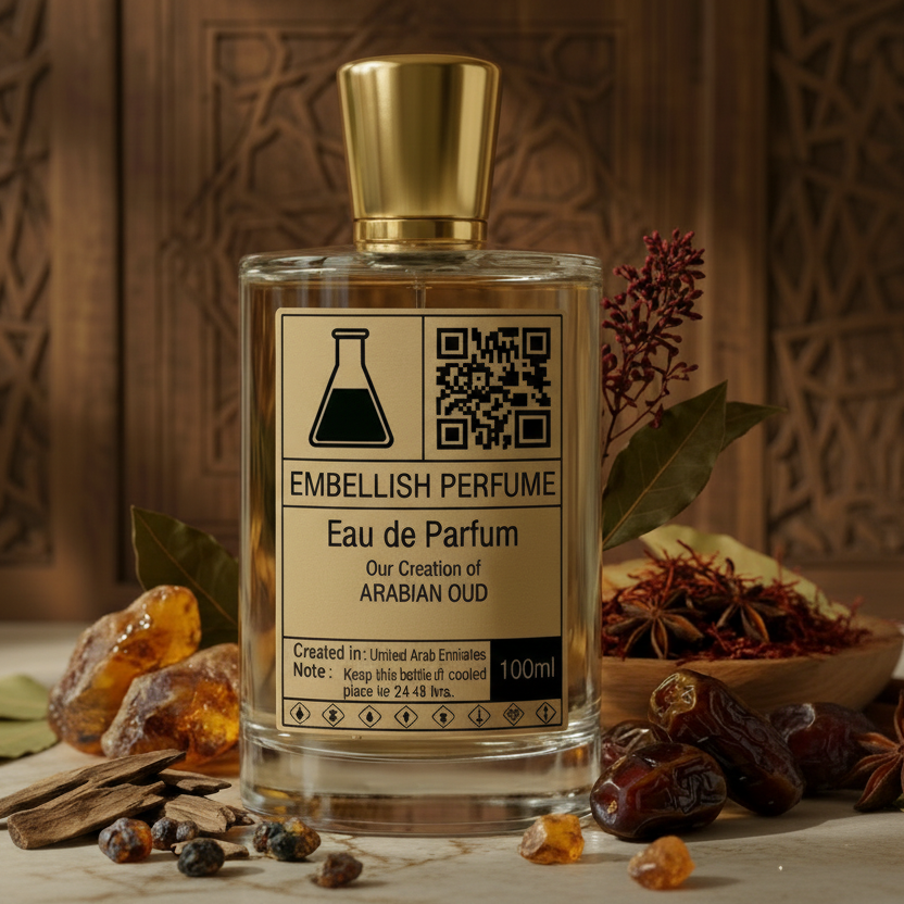 Perfume bottle labeled 'Embellish Perfume' with a decorative background