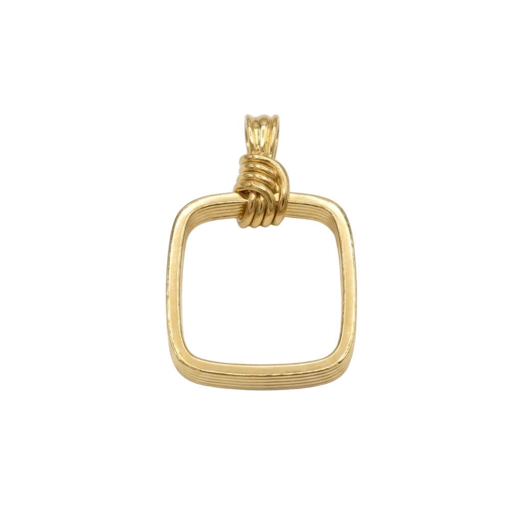Gold pendant with a square design on a white background
