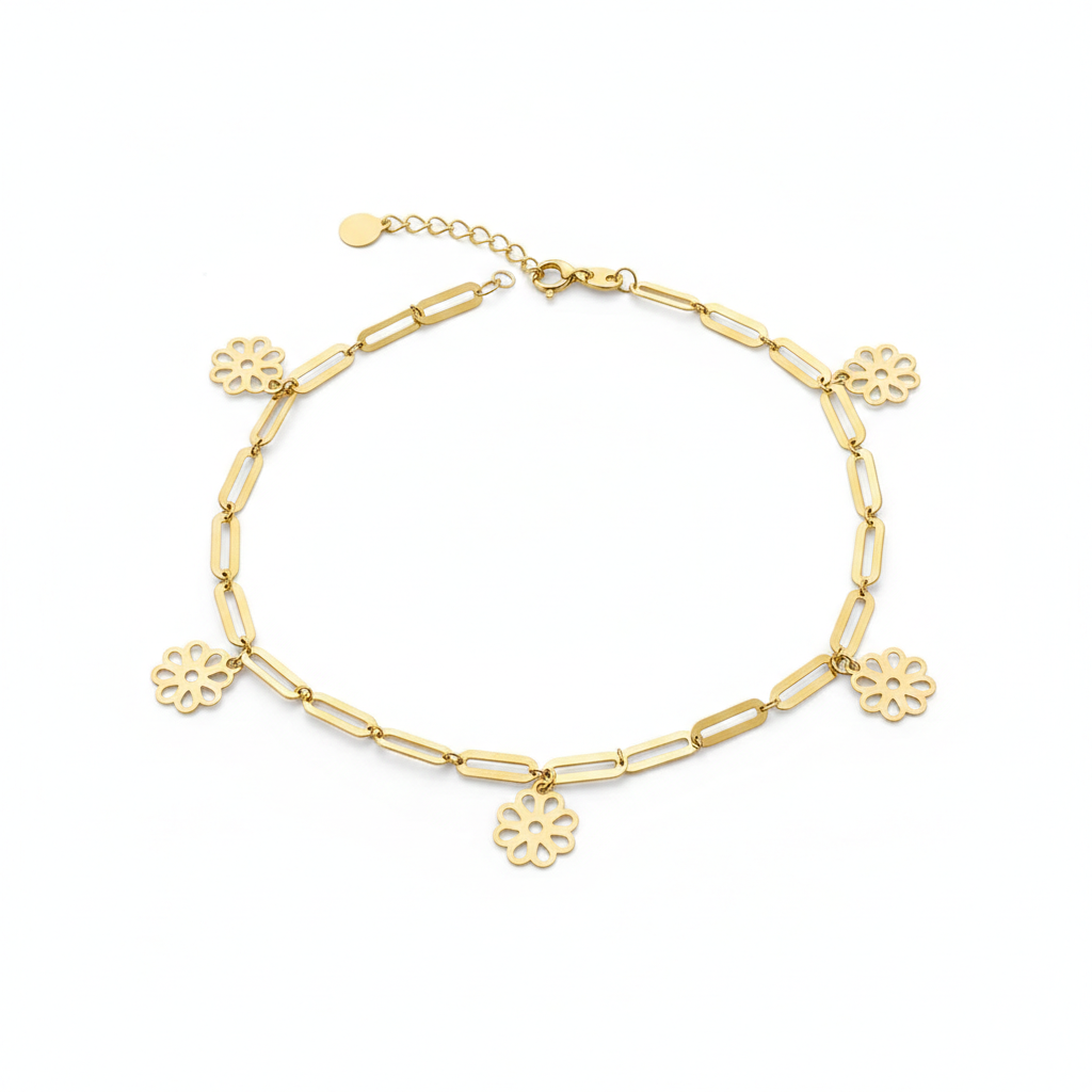 18K Real Gold 5 Flower Paper Clip Bracelet