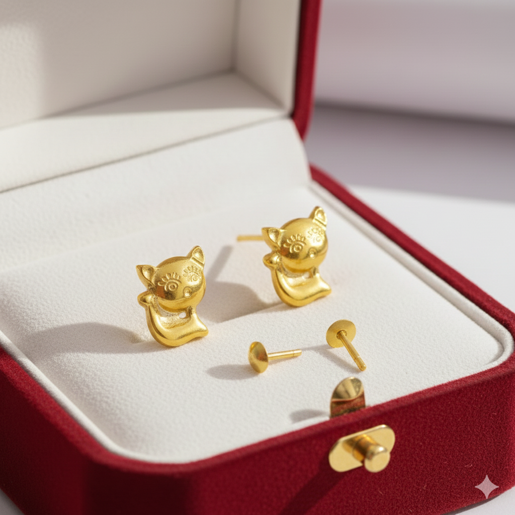 18K Real Gold Kitty Earrings