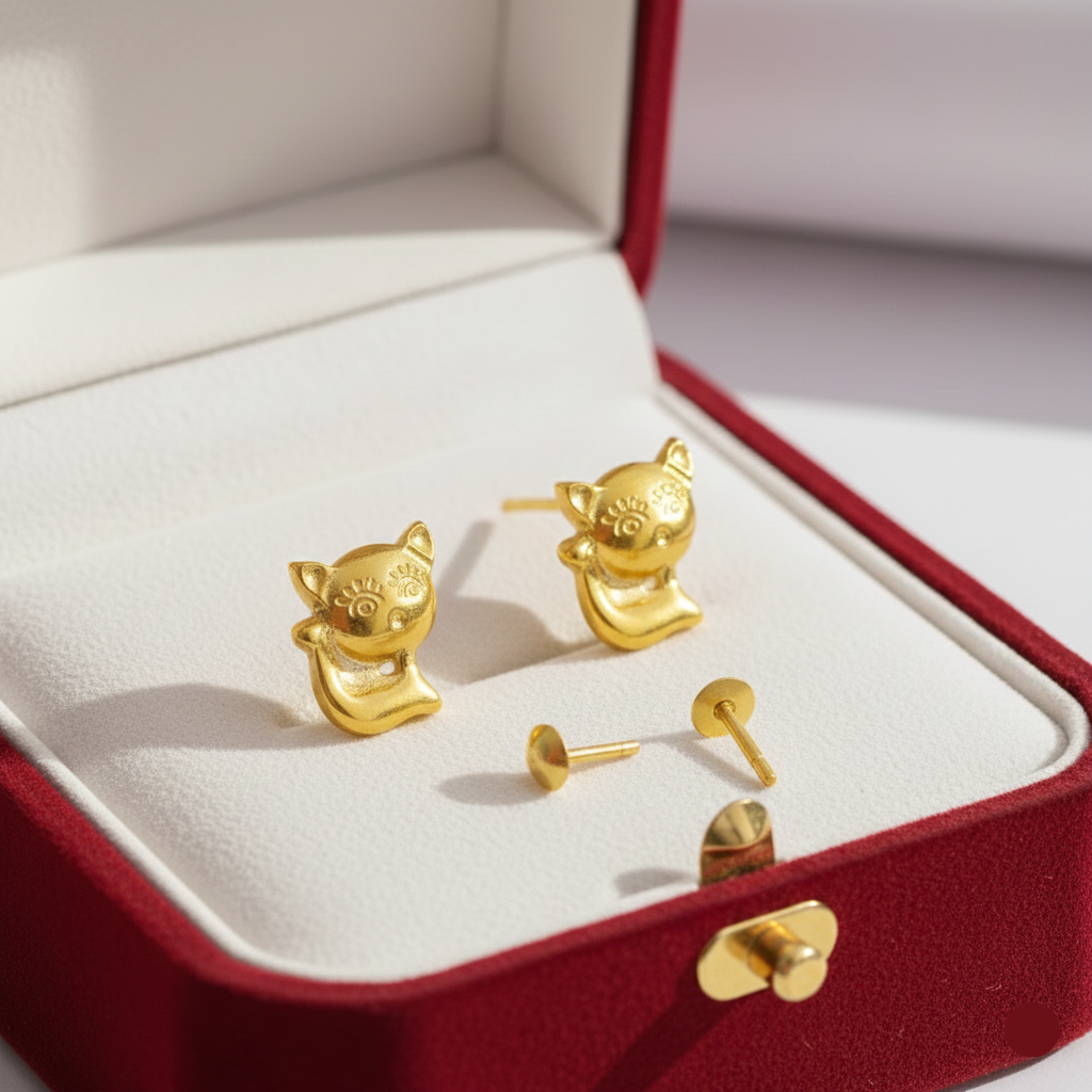 18K Real Gold Kitty Earrings - 18k Gold Earrings - Embellish Gold