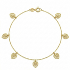 Gold bracelet with leaf charms on a white background